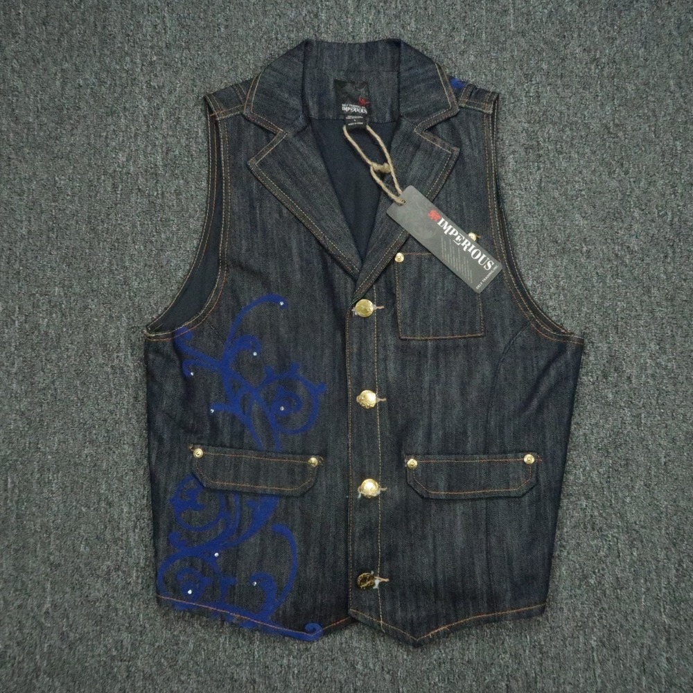 Imperious Vest Mens Large Blue Denim Delf Trading Button‎ Pockets NWT